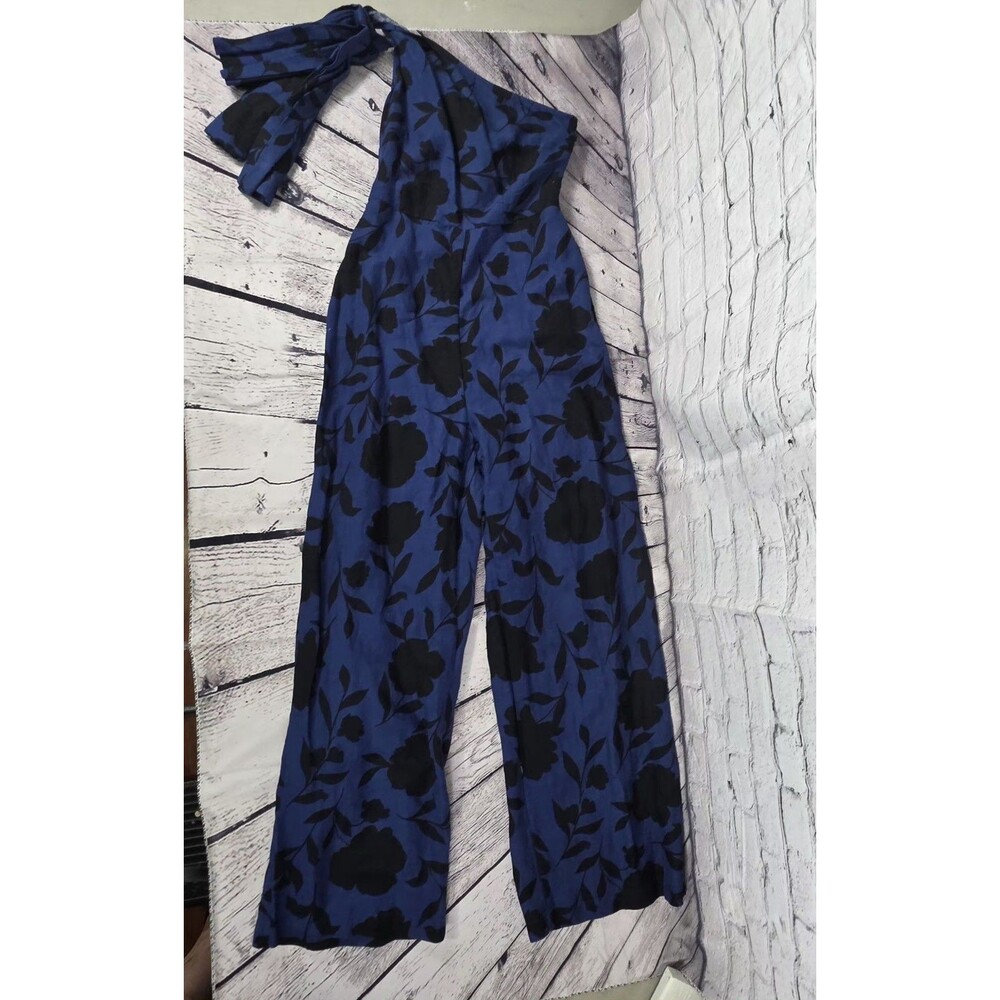 Kate Spade Women's S 16 Linen Blend Floral Jumpsuit Dress - Blue/Black